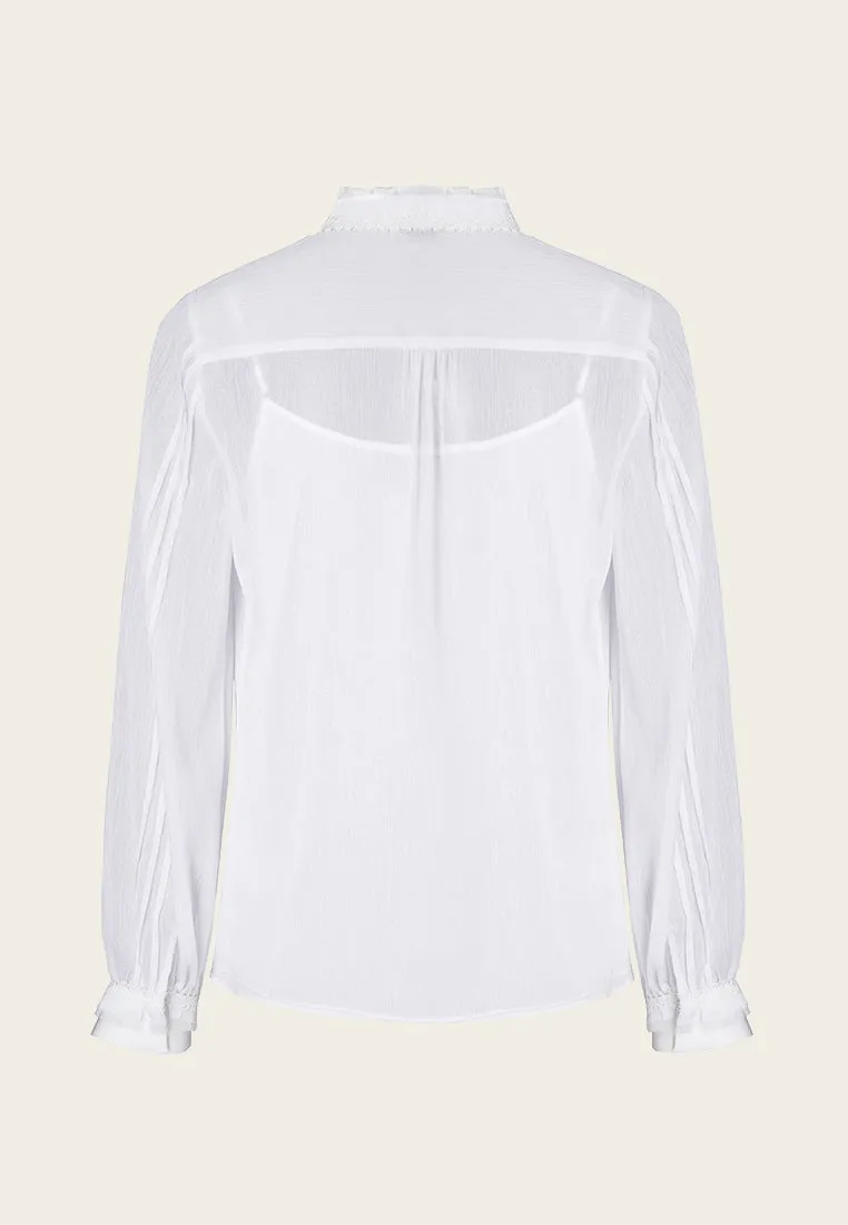 Pleat-detailing White Sheer Long Sleeve Shirt