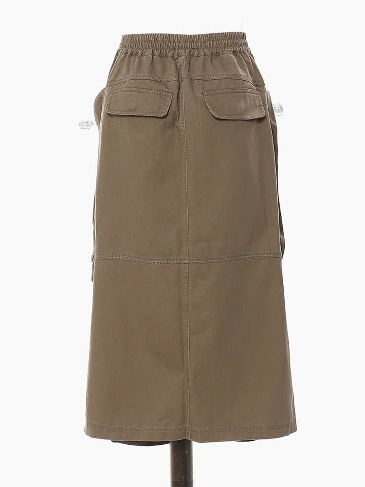 Pocket Zipper Long Casual Skirt, Brown, Lightweight & Breathable, Mid-Calf Length, Slight Stretch