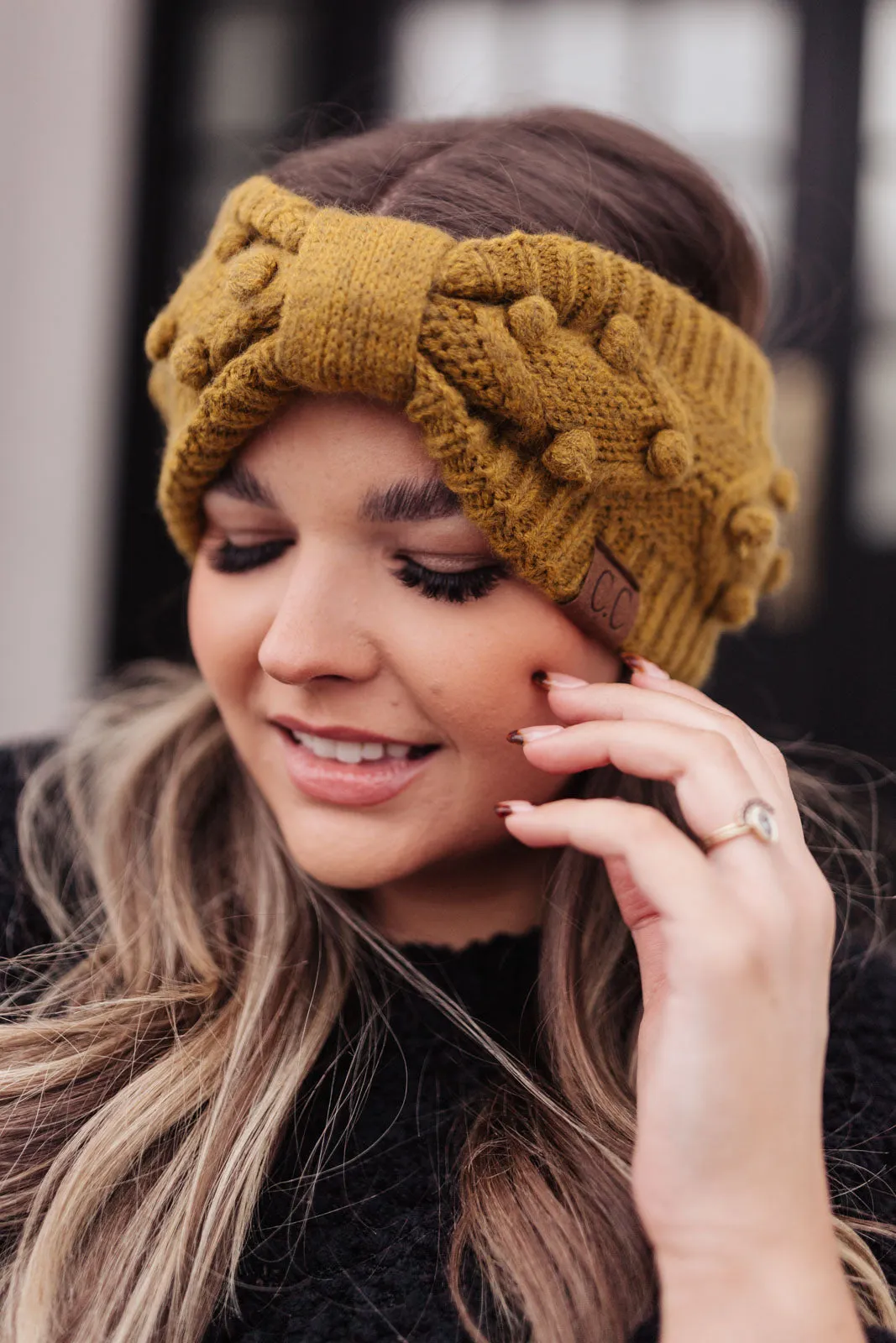 Pom Knit Head Wrap in Mustard