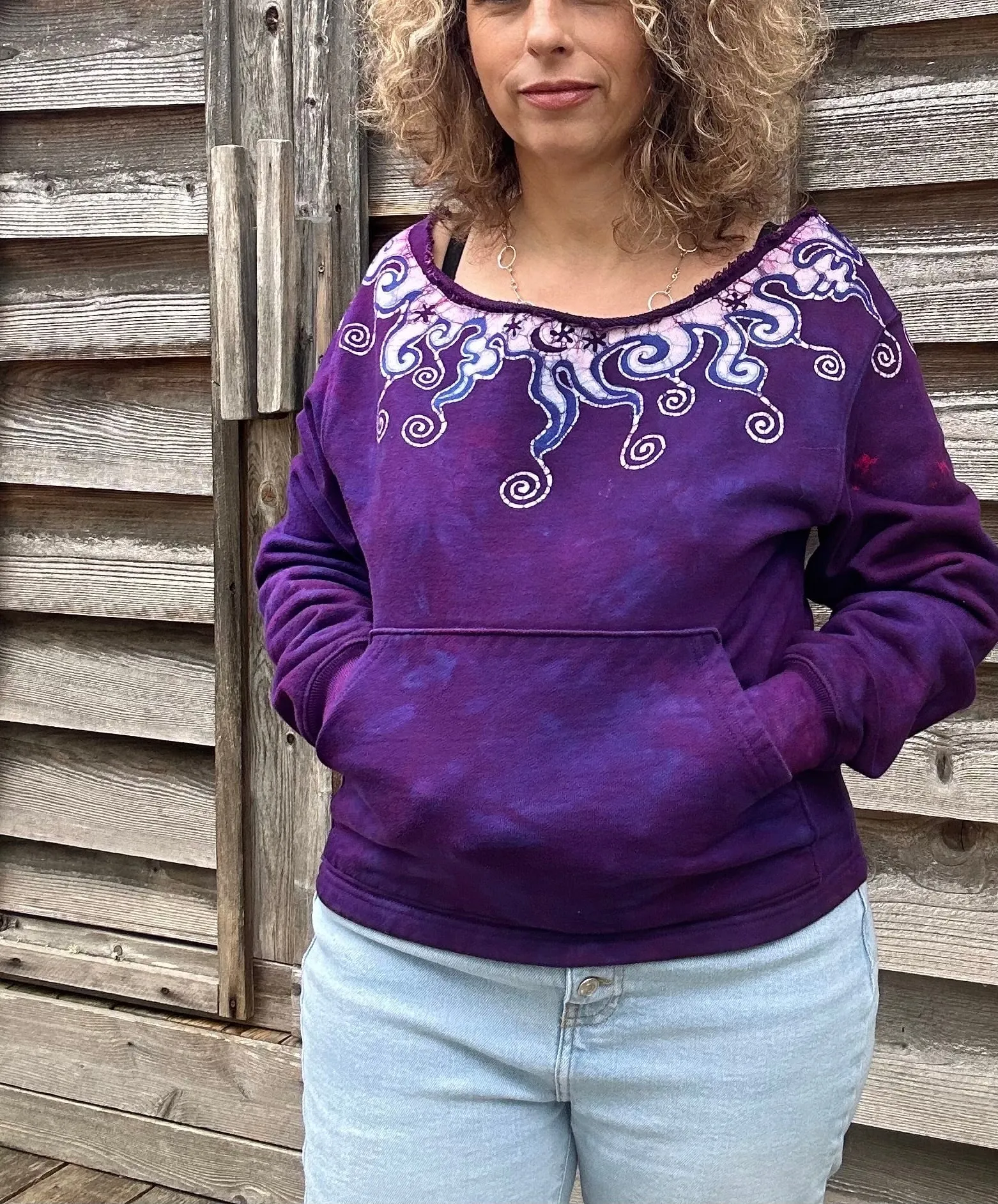 Purple Flames Batik Necklace Long Sleeve Pullover Tee