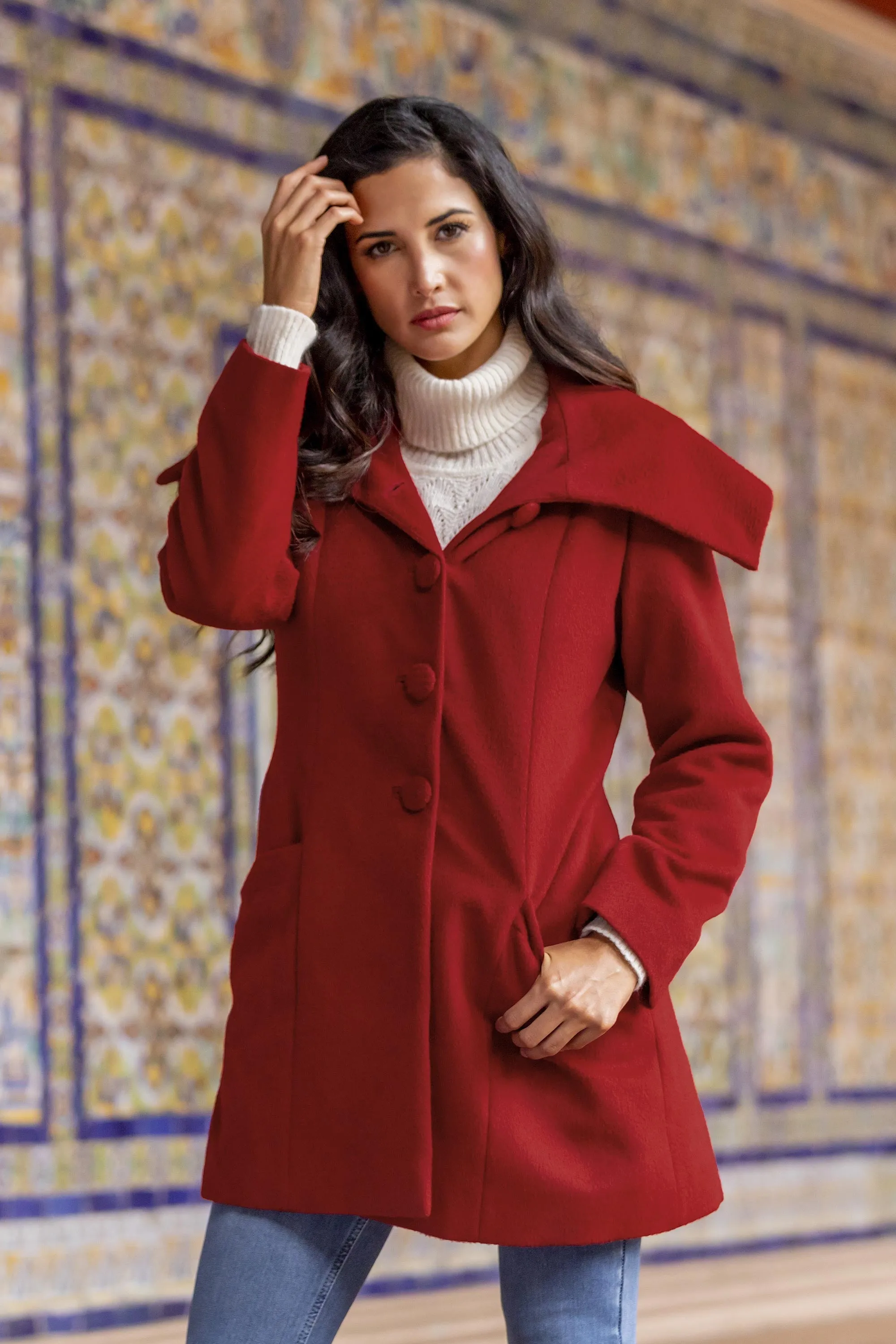 Red Baby Alpaca and Wool Coat with Flared Design from Peru - Red Classic | NOVICA