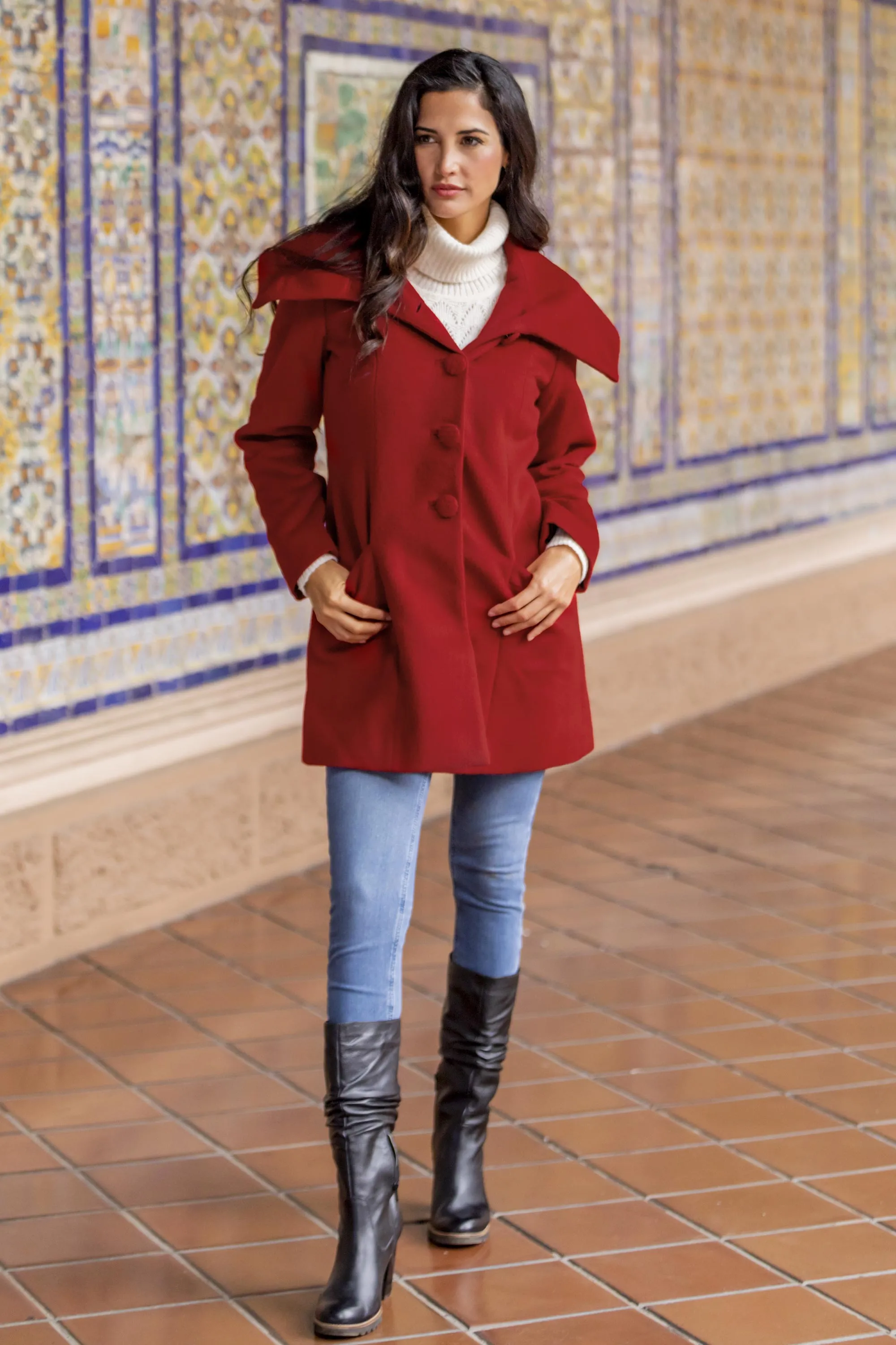 Red Baby Alpaca and Wool Coat with Flared Design from Peru - Red Classic | NOVICA