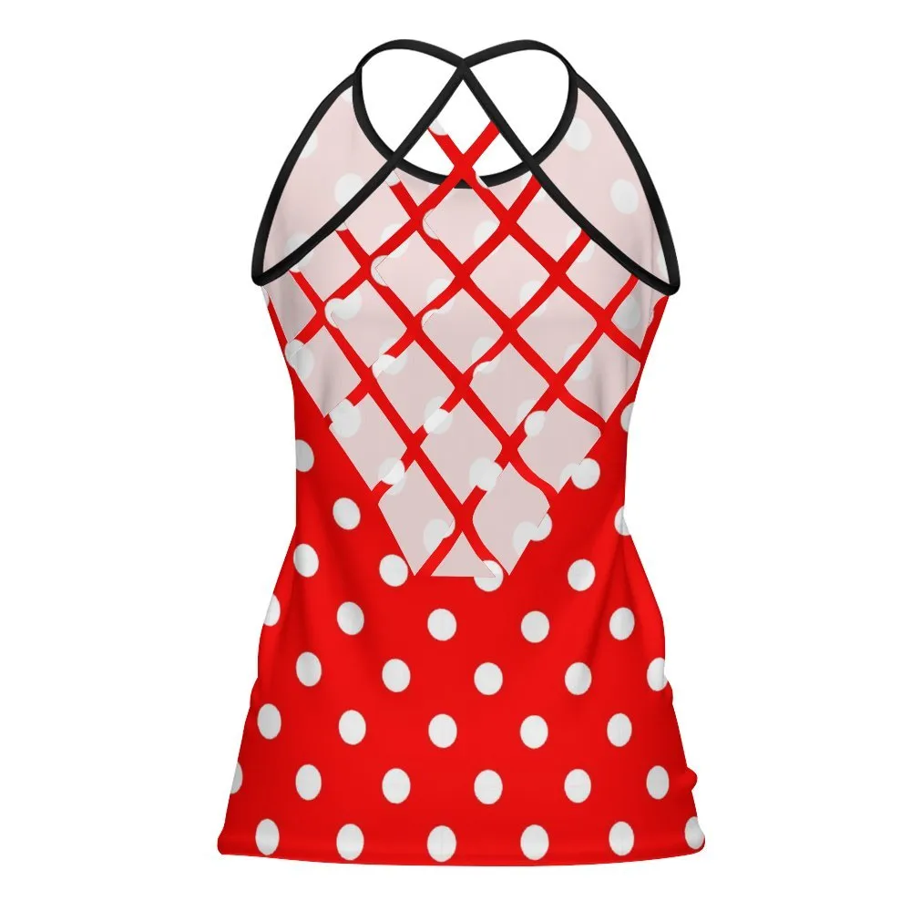 Red With White Polka Dots Women's Criss-Cross Open Back Tank Top