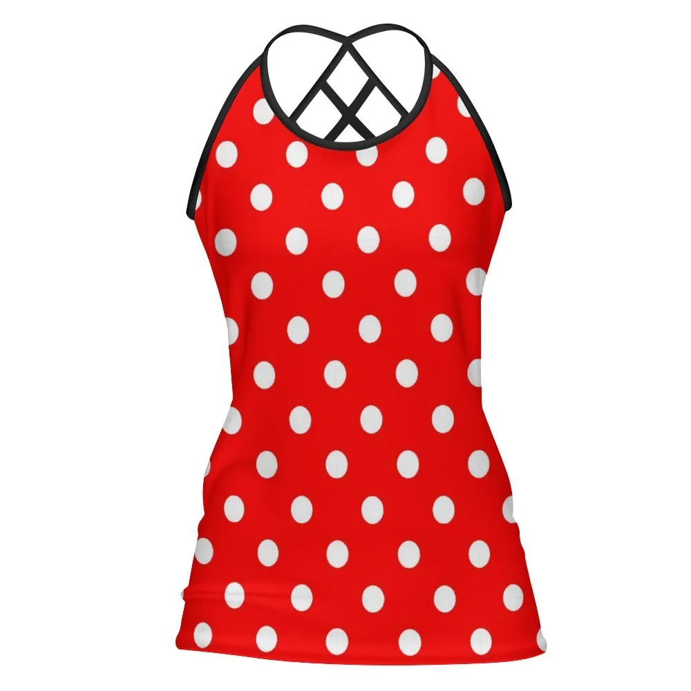 Red With White Polka Dots Women's Criss-Cross Open Back Tank Top