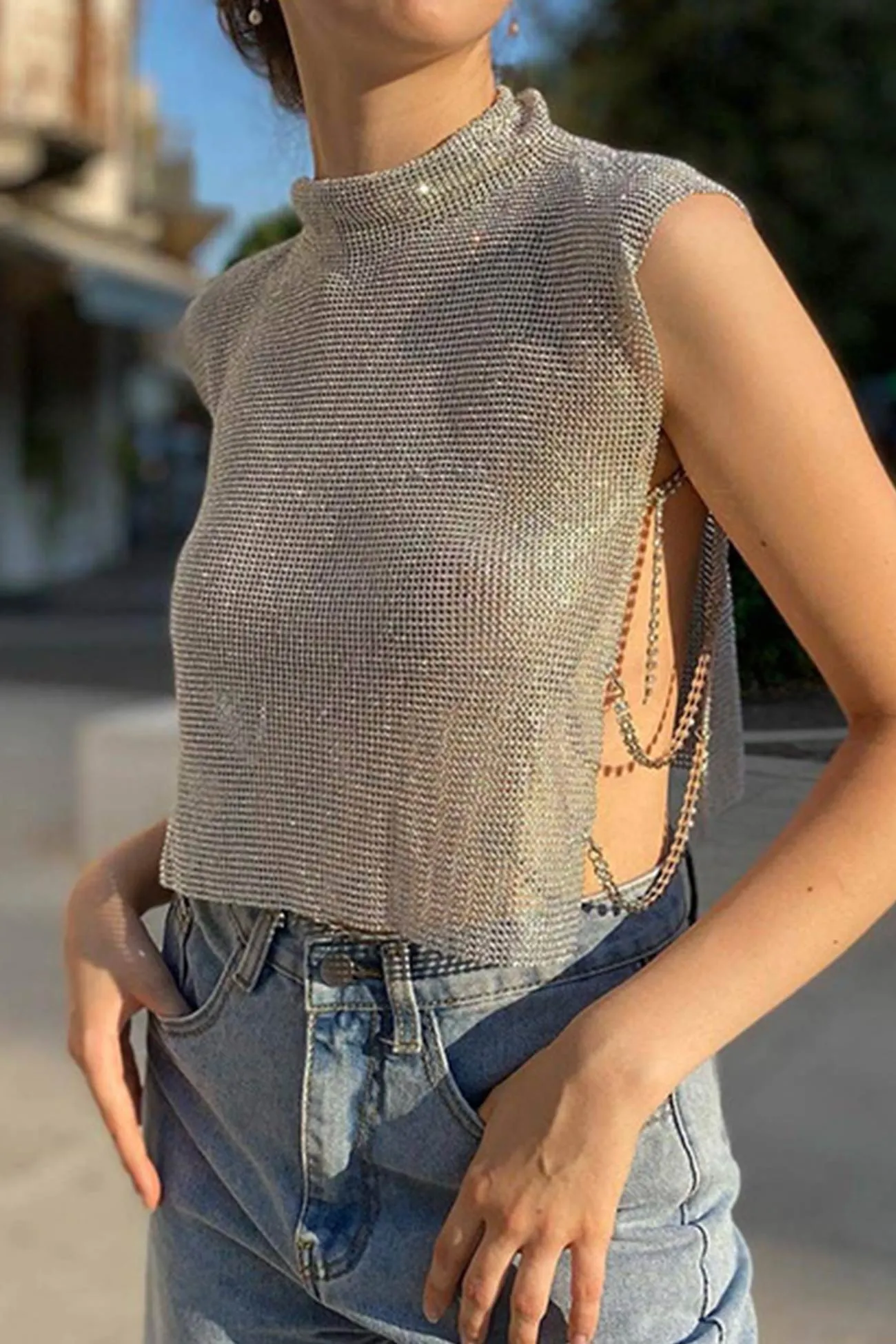 Rhinestone Mock Neck Tank Top