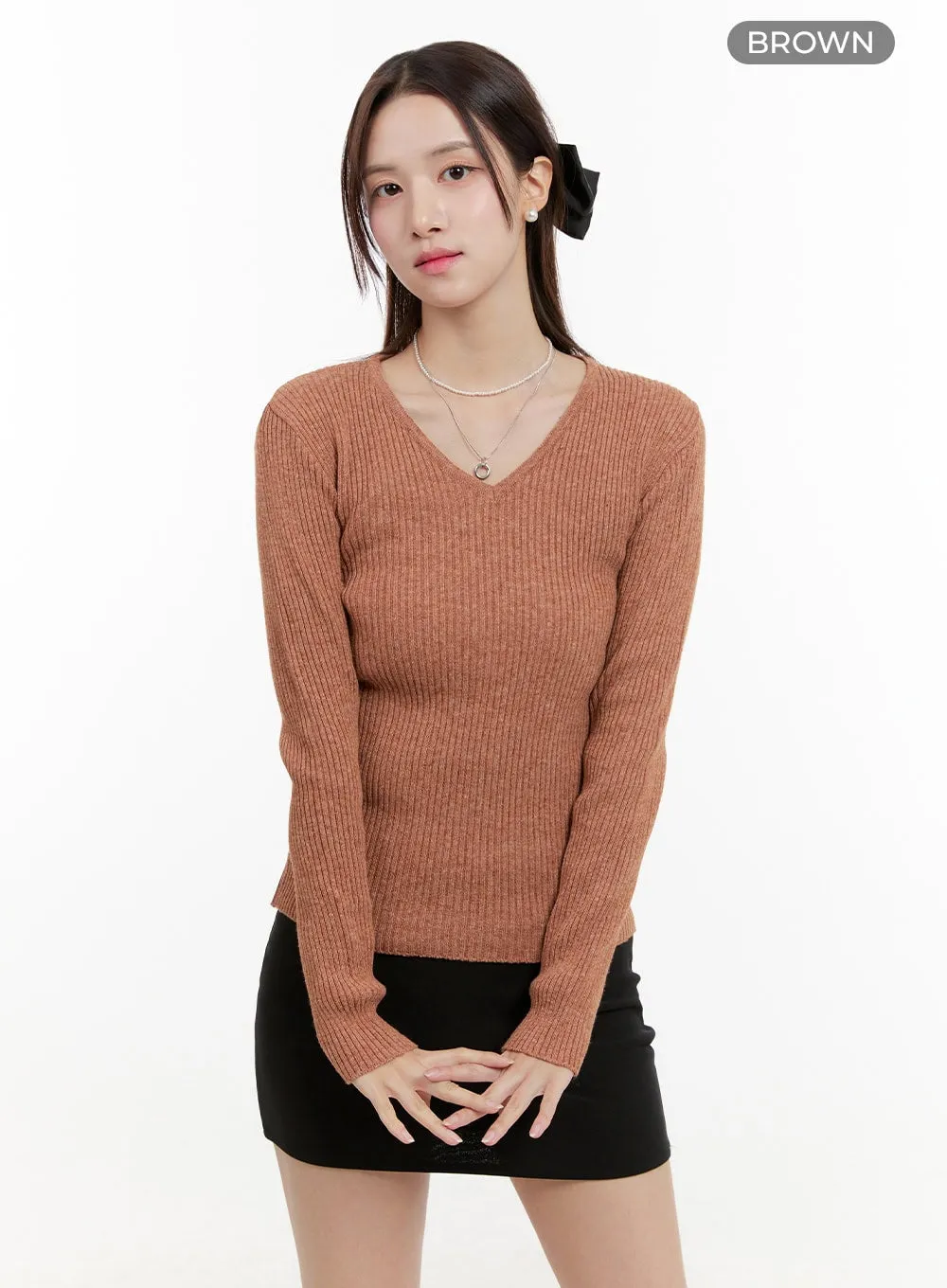 Ribbed Knit V-Neck Long Sleeve Top OG429