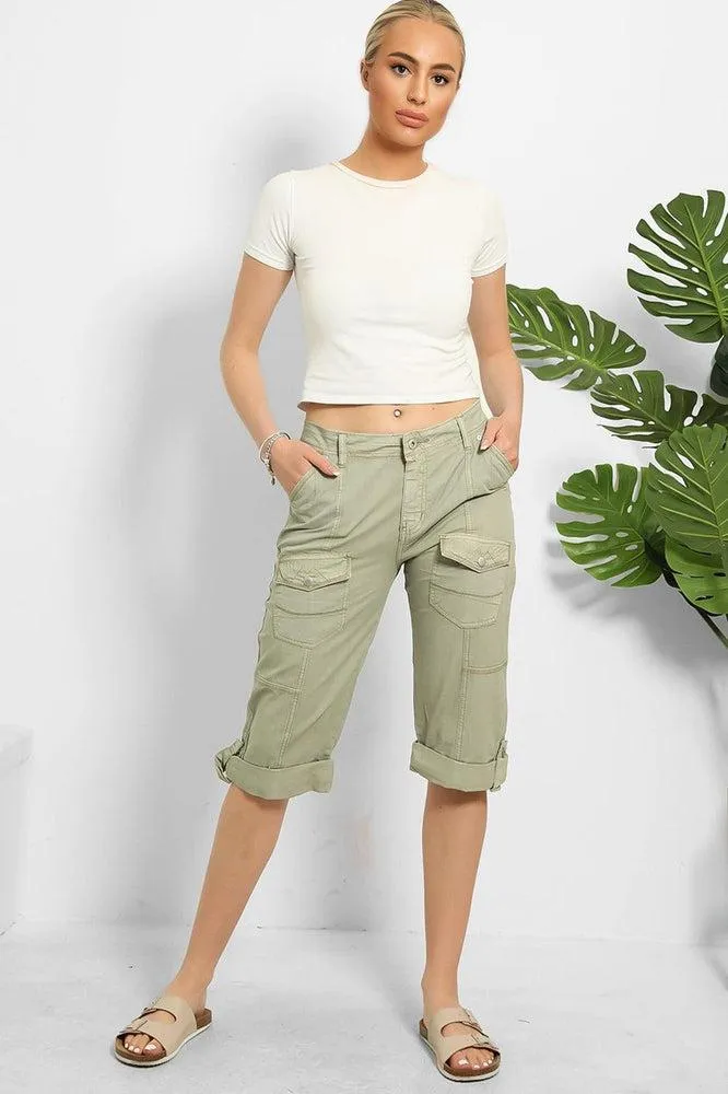 Rolled Up Hem Utility Pockets Cropped Cargo Trousers