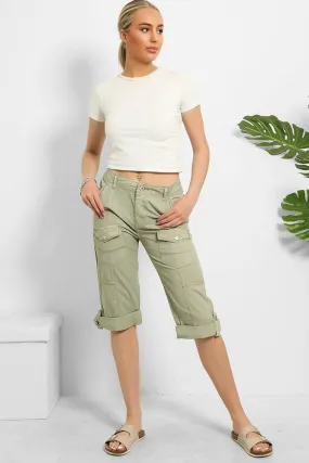 Rolled Up Hem Utility Pockets Cropped Cargo Trousers