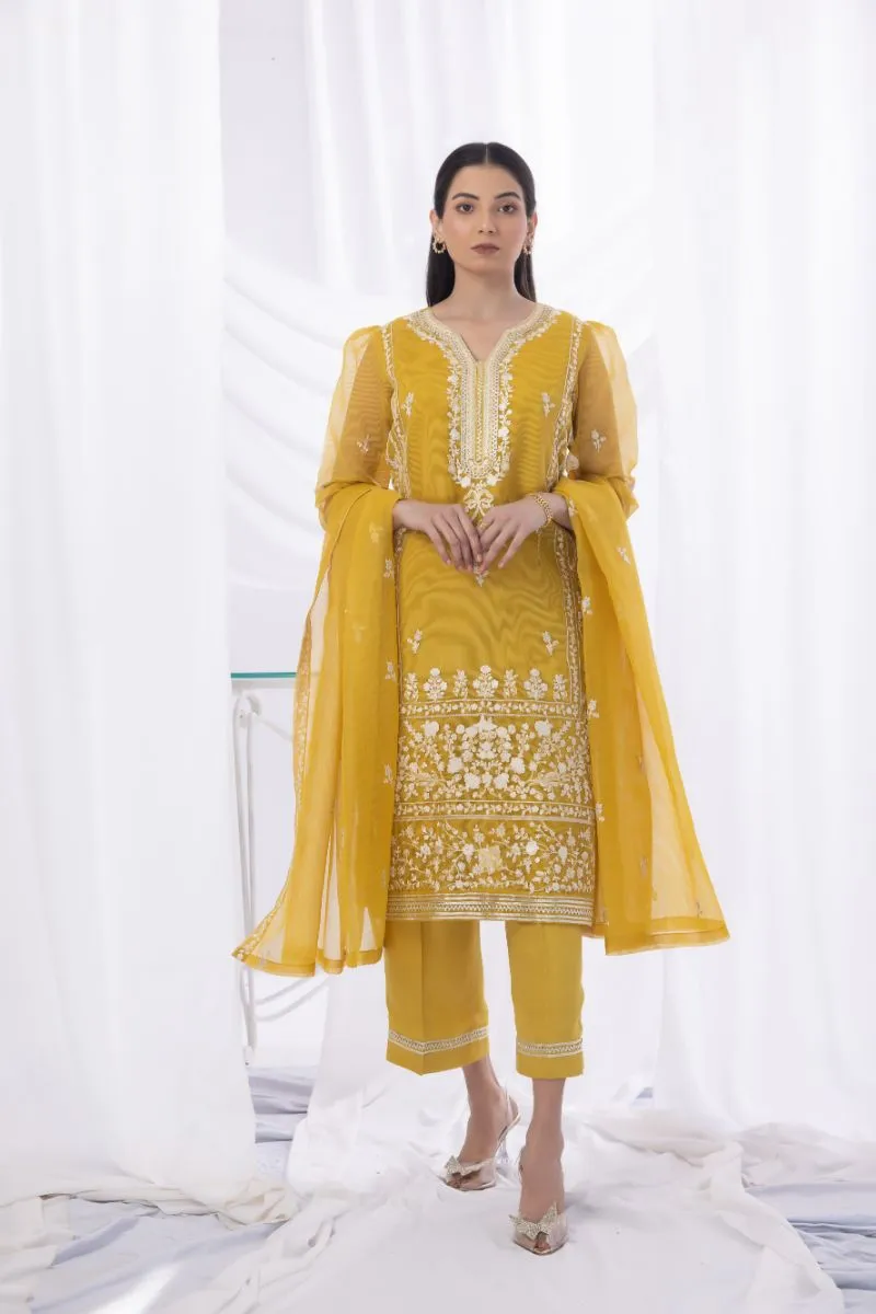 Sadia Aamir - Zar - Mustard - Khaddi Net - 3 Piece