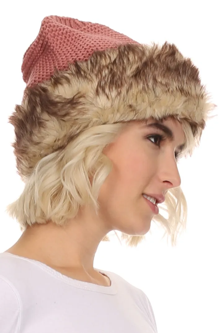 Sakkas Hansley Womens Insulated Faux Fur Brimmed Beanie Hat Cap In Classic Knit