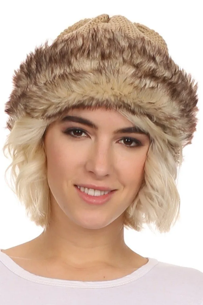 Sakkas Hansley Womens Insulated Faux Fur Brimmed Beanie Hat Cap In Classic Knit