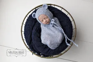 SET Blue Teddy Bear Hat and Knit Swaddle Cocoon Sack