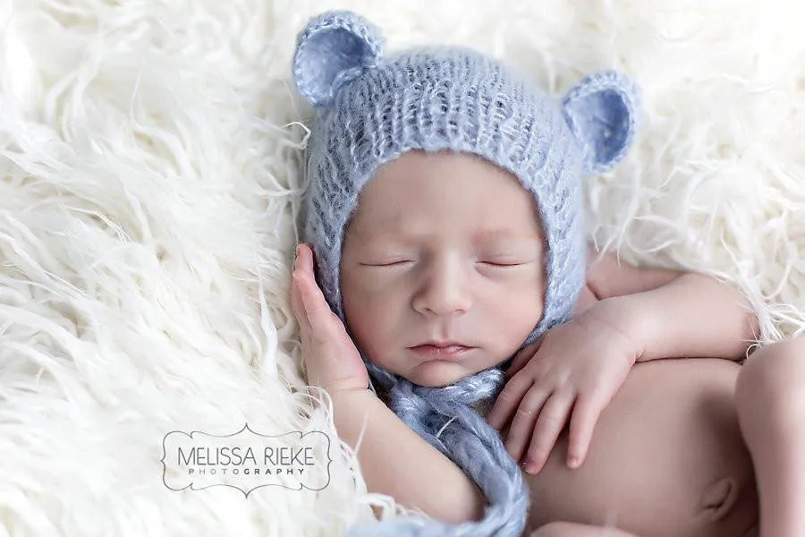 SET Blue Teddy Bear Hat and Knit Swaddle Cocoon Sack