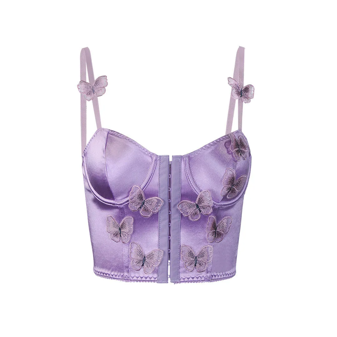 Sexy Butterfly Applique Hook and Eye Silky Satin Corset Top - Purple