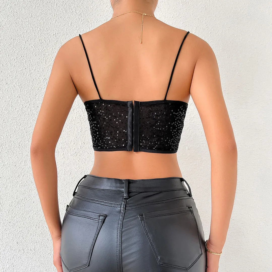 Shimmer Sweetheart Cami Sheer Sequin Lace Crop Corset Top - Black