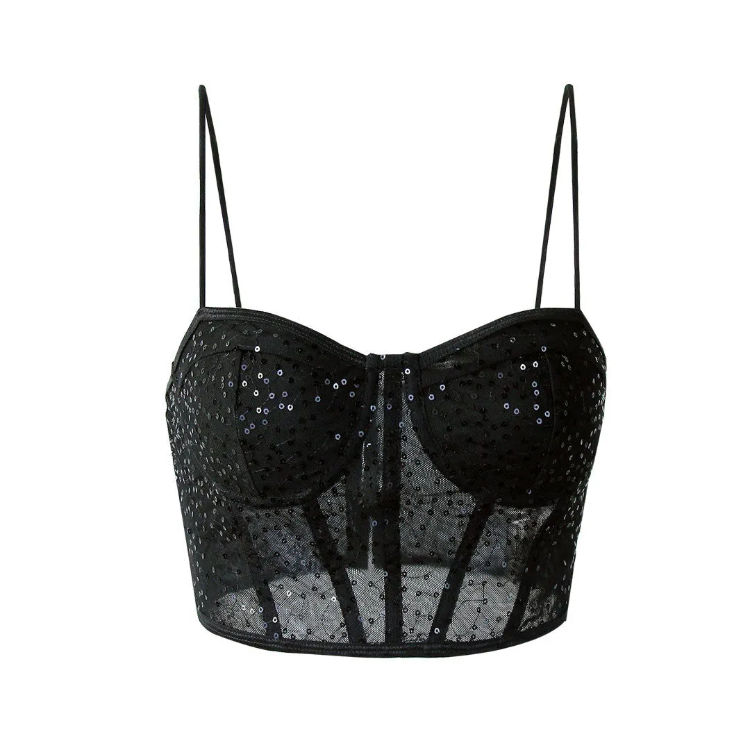 Shimmer Sweetheart Cami Sheer Sequin Lace Crop Corset Top - Black