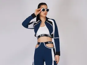 SLAY. Women's Activewear Navy Blue Black White Colorblock Crop Jacket