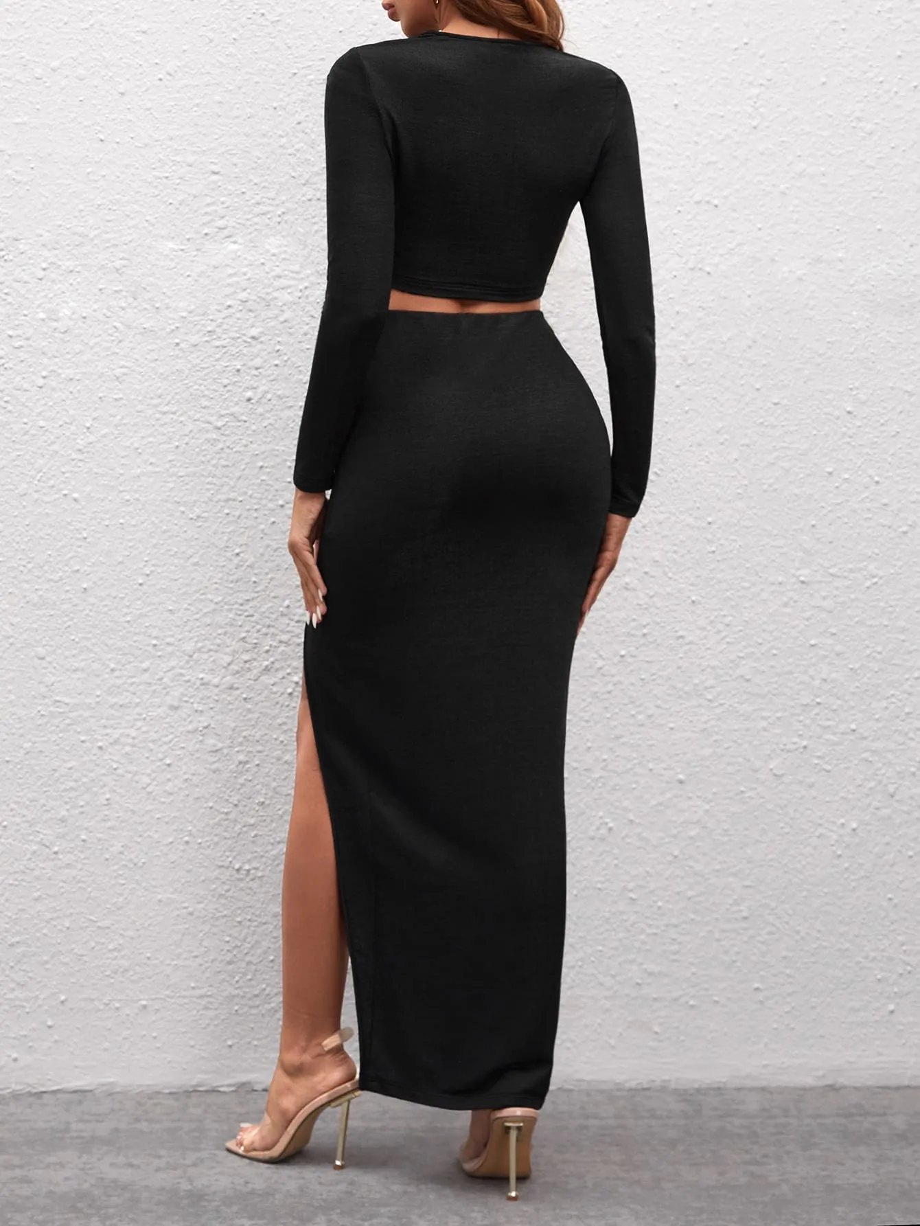 Solid Cutout Crop Top & Split Thigh Bodycon Skirt Set