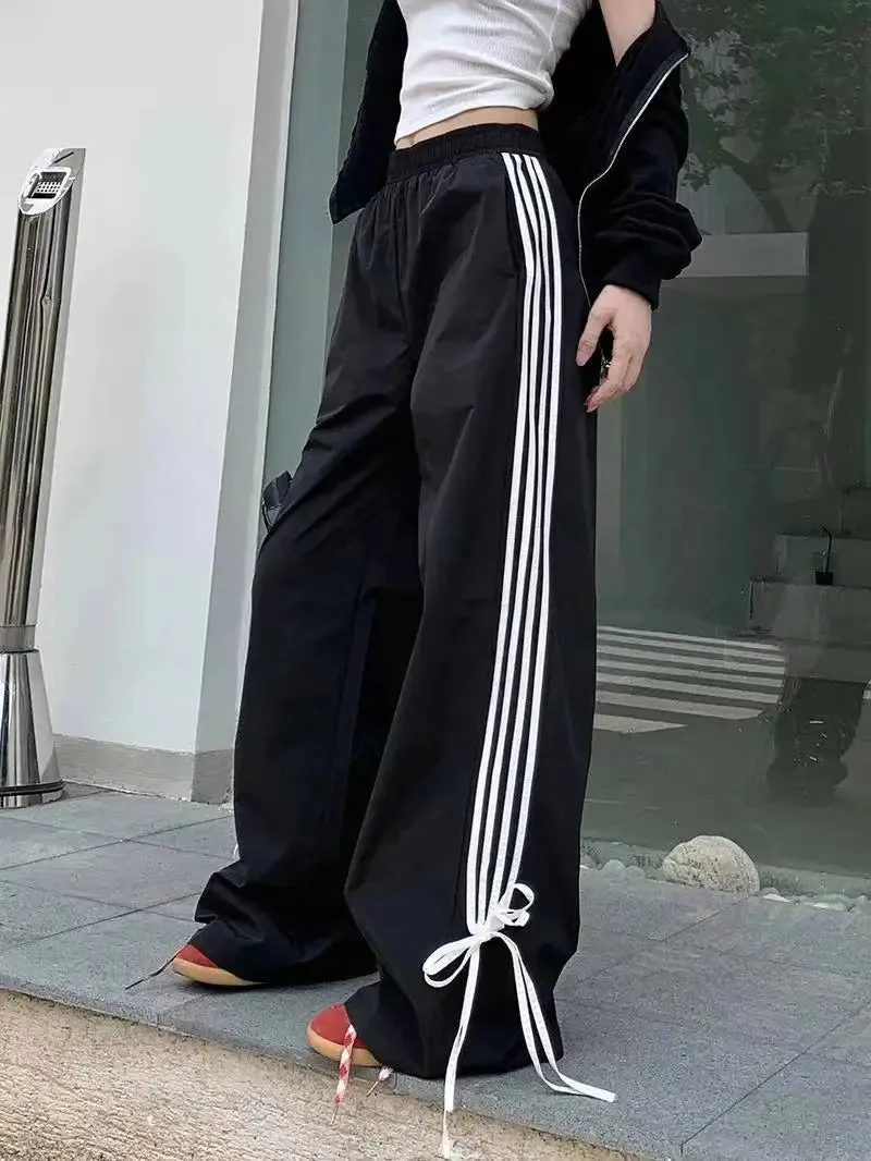 Sports Stripe Baggy Pants Women Y2k Fashion Bow Straight Wide Leg Pants