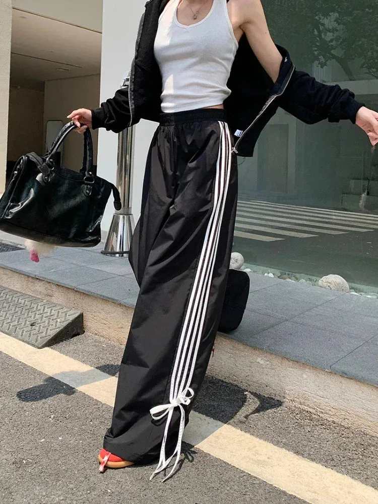 Sports Stripe Baggy Pants Women Y2k Fashion Bow Straight Wide Leg Pants