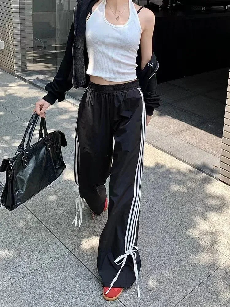 Sports Stripe Baggy Pants Women Y2k Fashion Bow Straight Wide Leg Pants