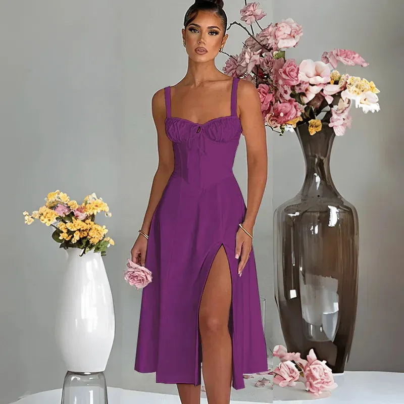 Strapless A-line Long Spaghetti Strap Backless Split Nightclub Sexy Midi Dress