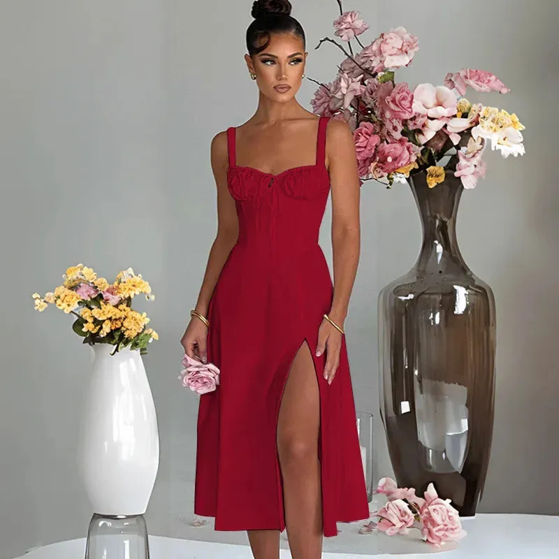 Strapless A-line Long Spaghetti Strap Backless Split Nightclub Sexy Midi Dress