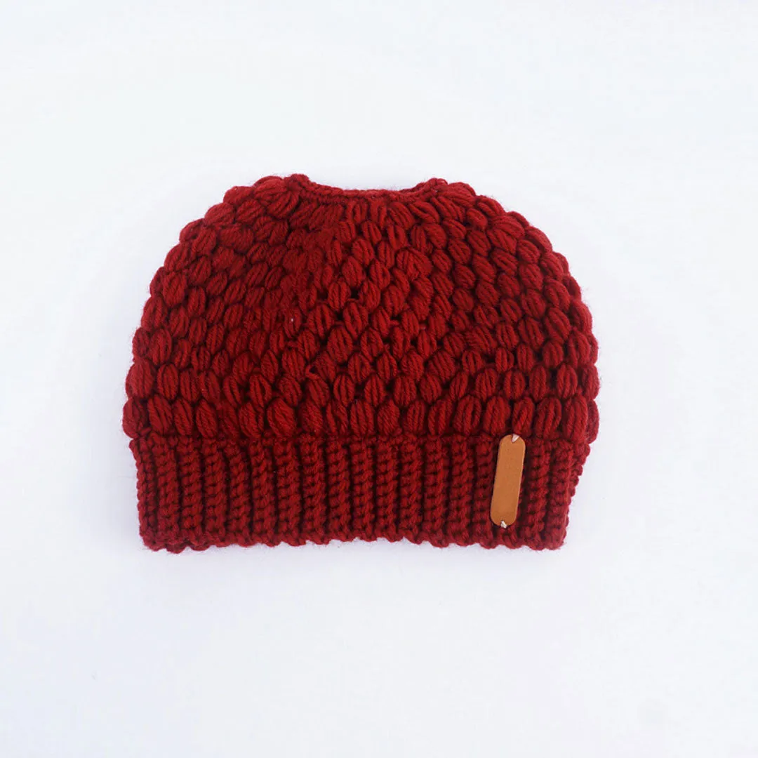 Stylish Seed Stitch Ponytail Beanie Winter Knit Hat