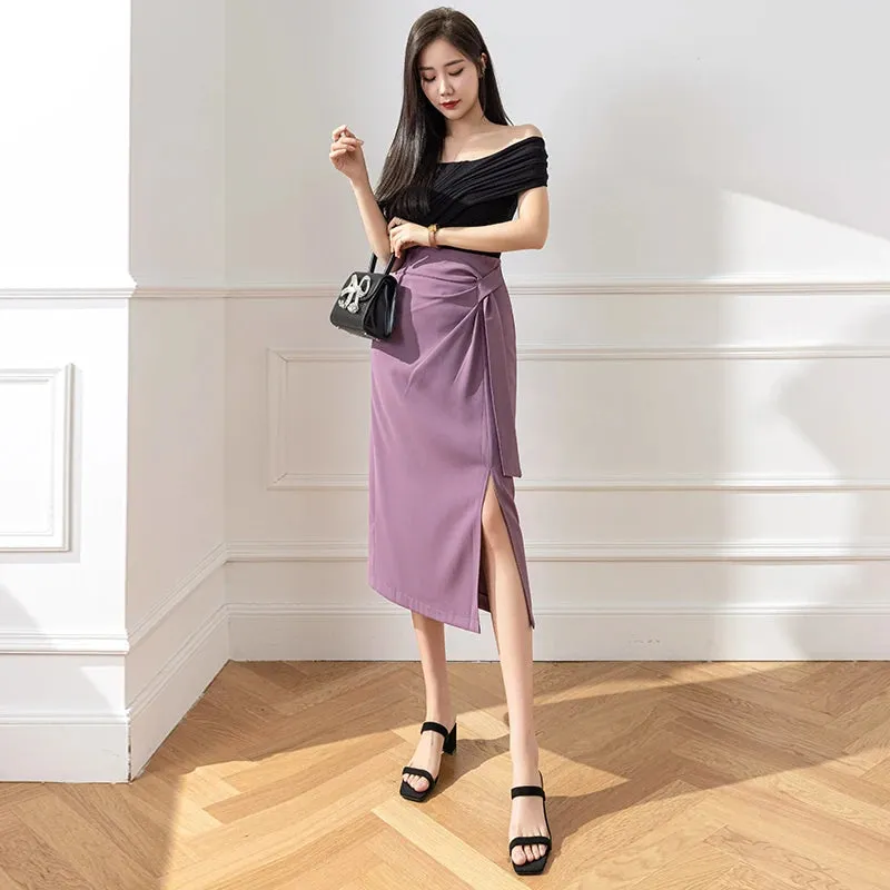 Summer Pure Color Lace-up Fashion Female Skirts High Waist Slight Stretch Women Midi Skirt Elegant Chic Office Ladies