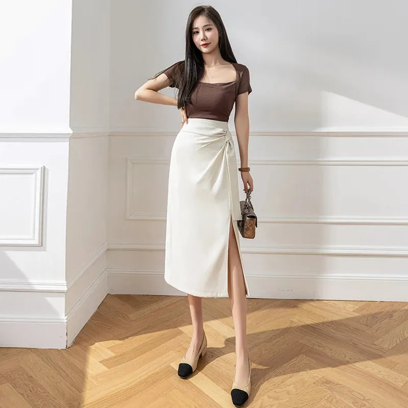 Summer Pure Color Lace-up Fashion Female Skirts High Waist Slight Stretch Women Midi Skirt Elegant Chic Office Ladies