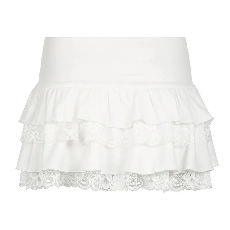 Sweet White Summer Mini Skirt Female Cute Coquette Lace Trim Folds Bow Korean Fashion Hottie Y2K Skirt Tierred A-Line