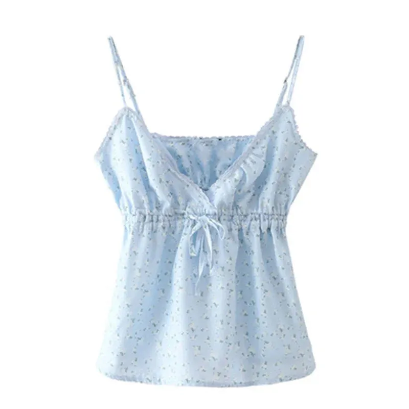 TAVIMART  -  Casual Women Blue V Neck Lace Drawstring Slim Camisole Summer Fashion Ladies Spice Female Knitted Sleeveless Top