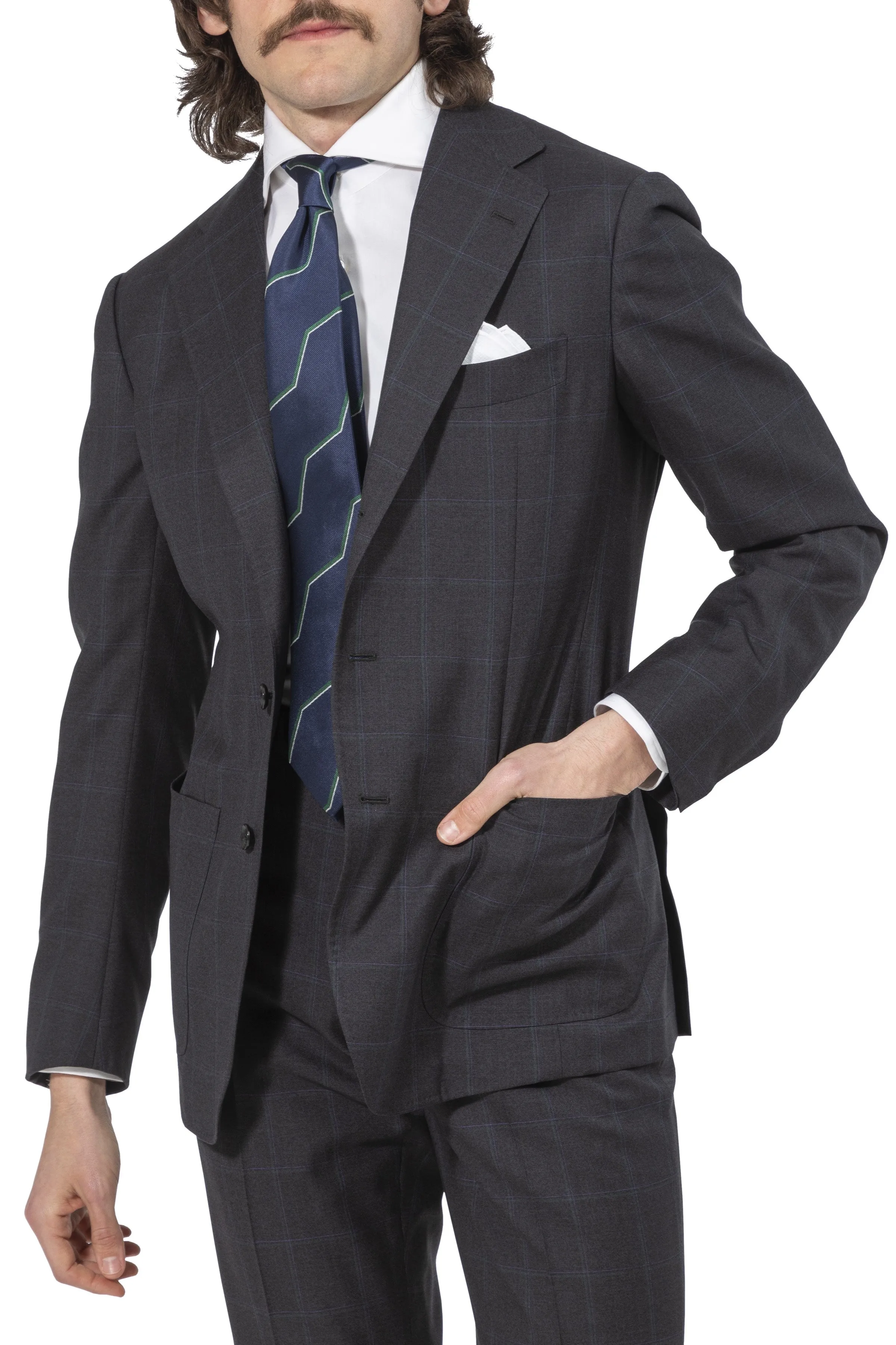 The Armoury by Ring Jacket Model 3A Dark Grey With Green-Purple Check Wool Suit