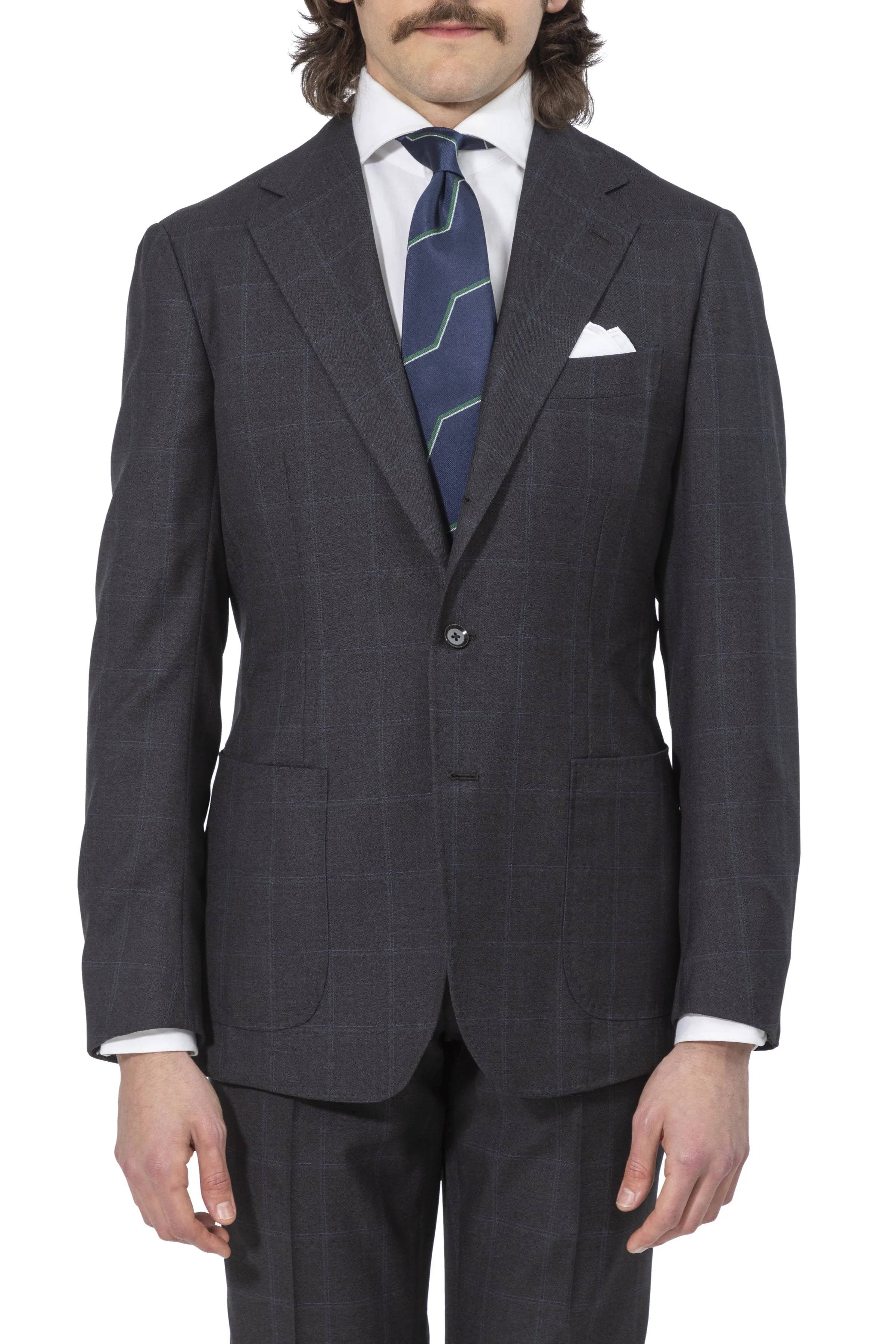 The Armoury by Ring Jacket Model 3A Dark Grey With Green-Purple Check Wool Suit