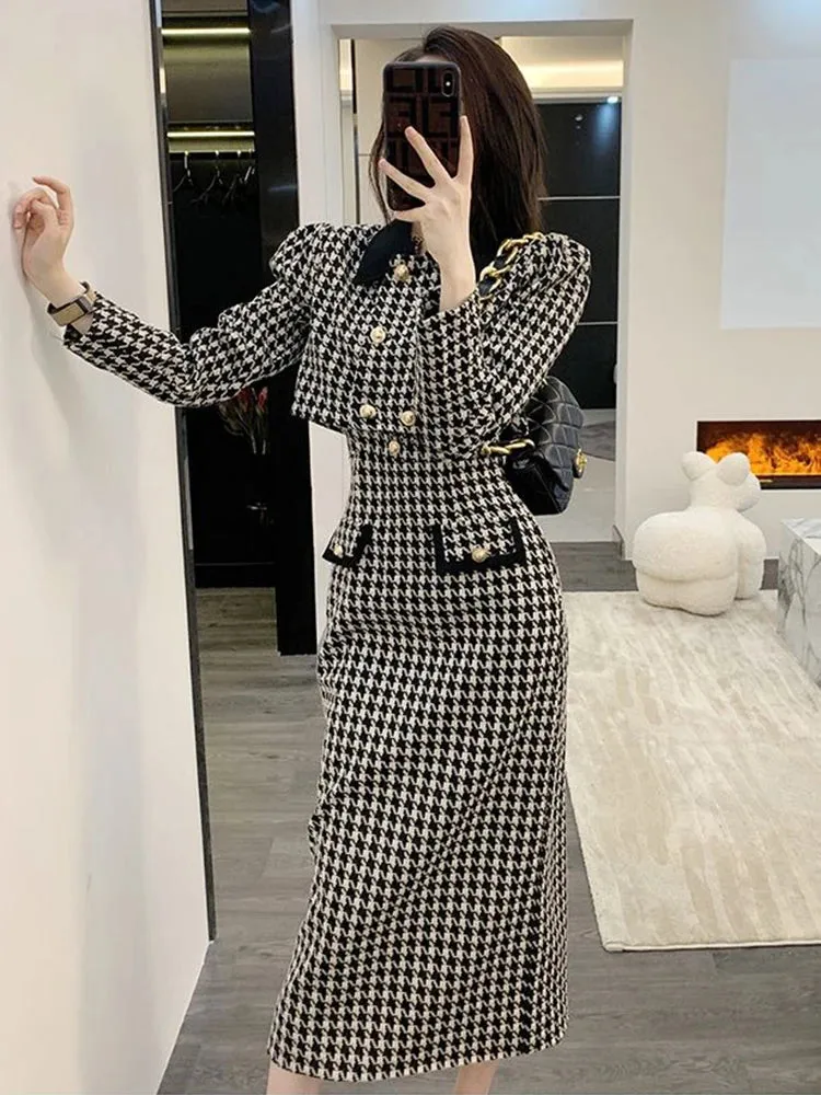 Toleet-Winter Outfits Christmas Black Friday Spring 2 Piece Skirt Set Women Crop Top Jacket Slim Coat  Plaid Skirt Autumn Women Two Piece Outfits