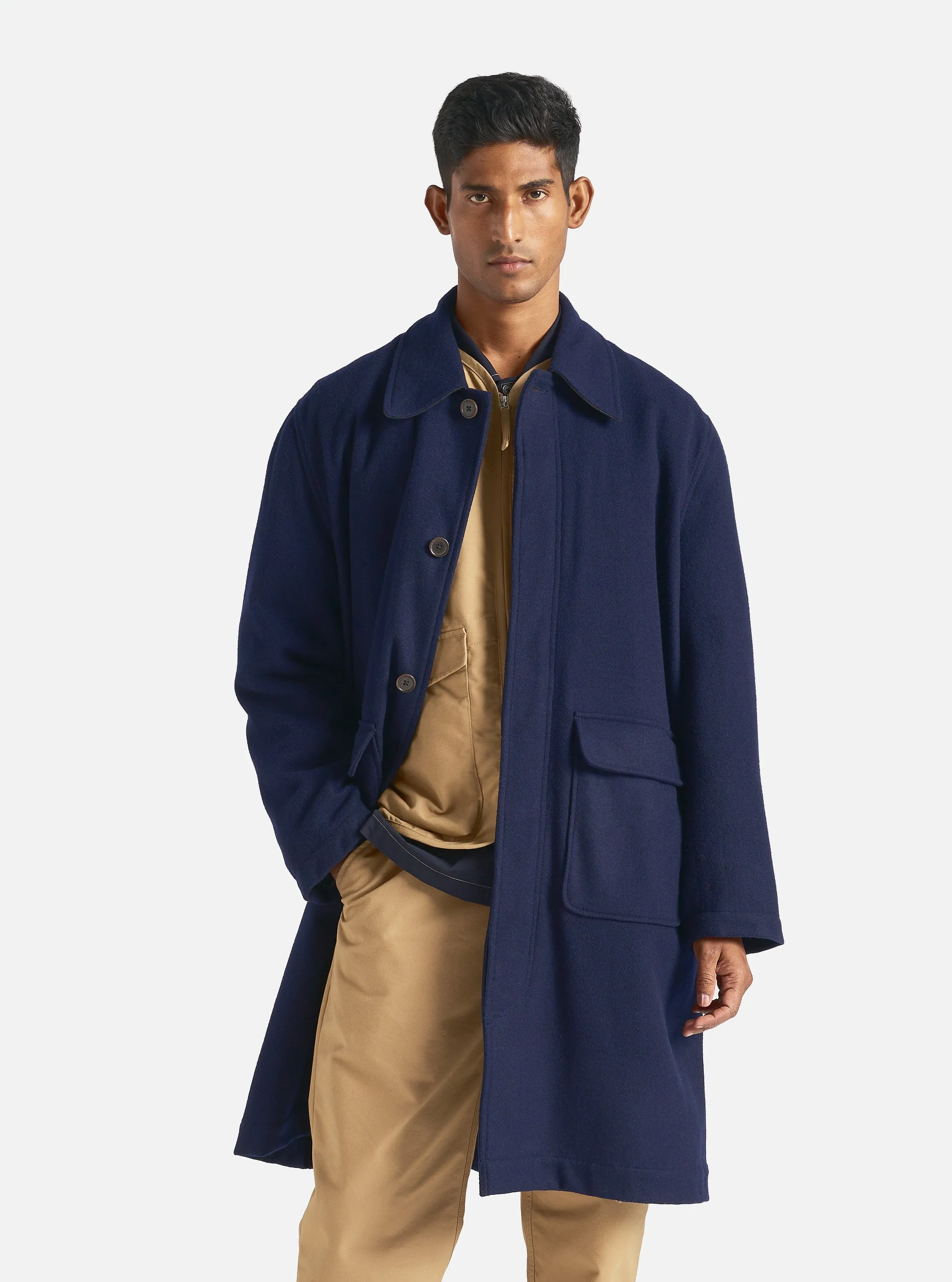 Universal Works Account Coat in Navy Melton