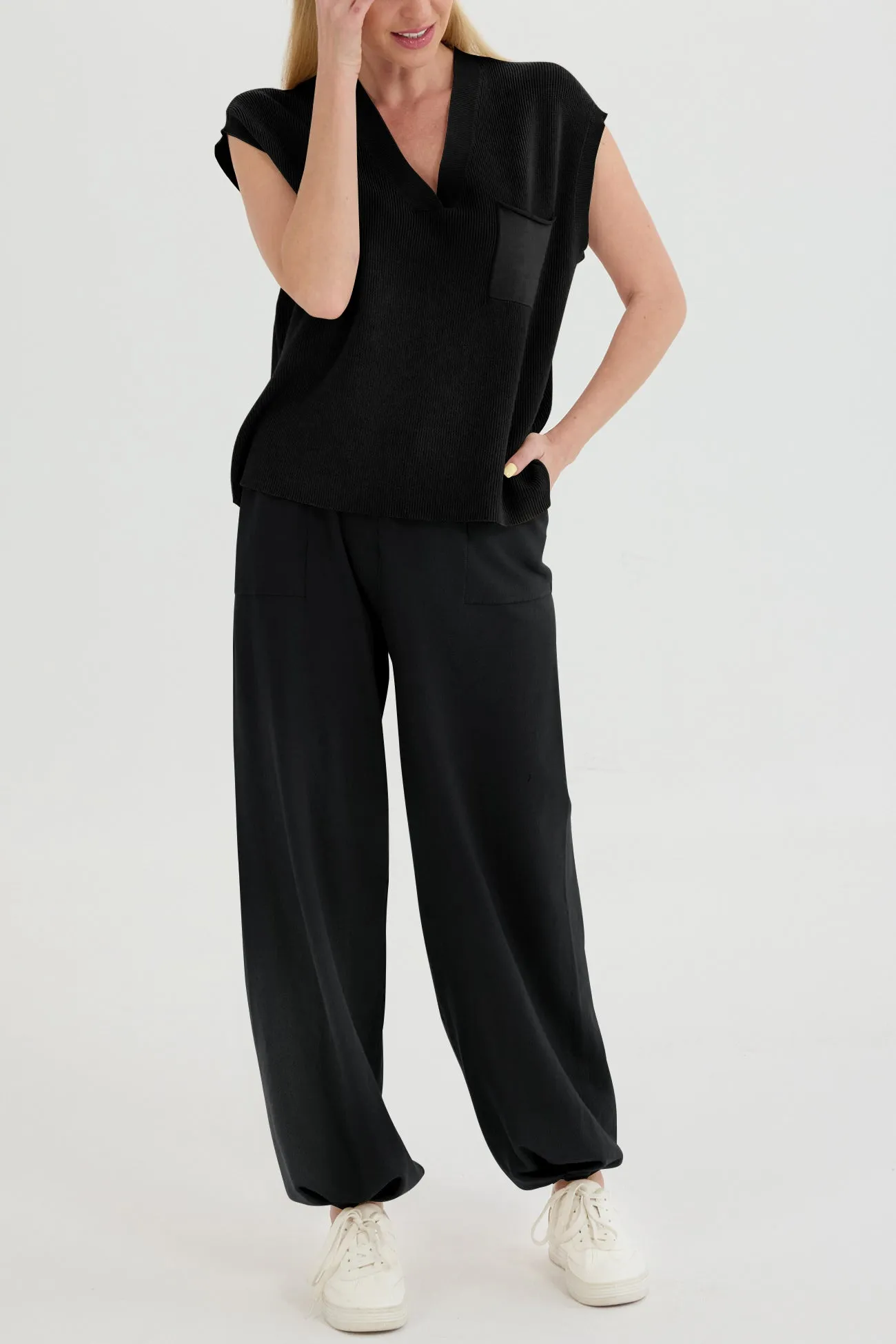 V Neck Knit Tank Top Pants Suits