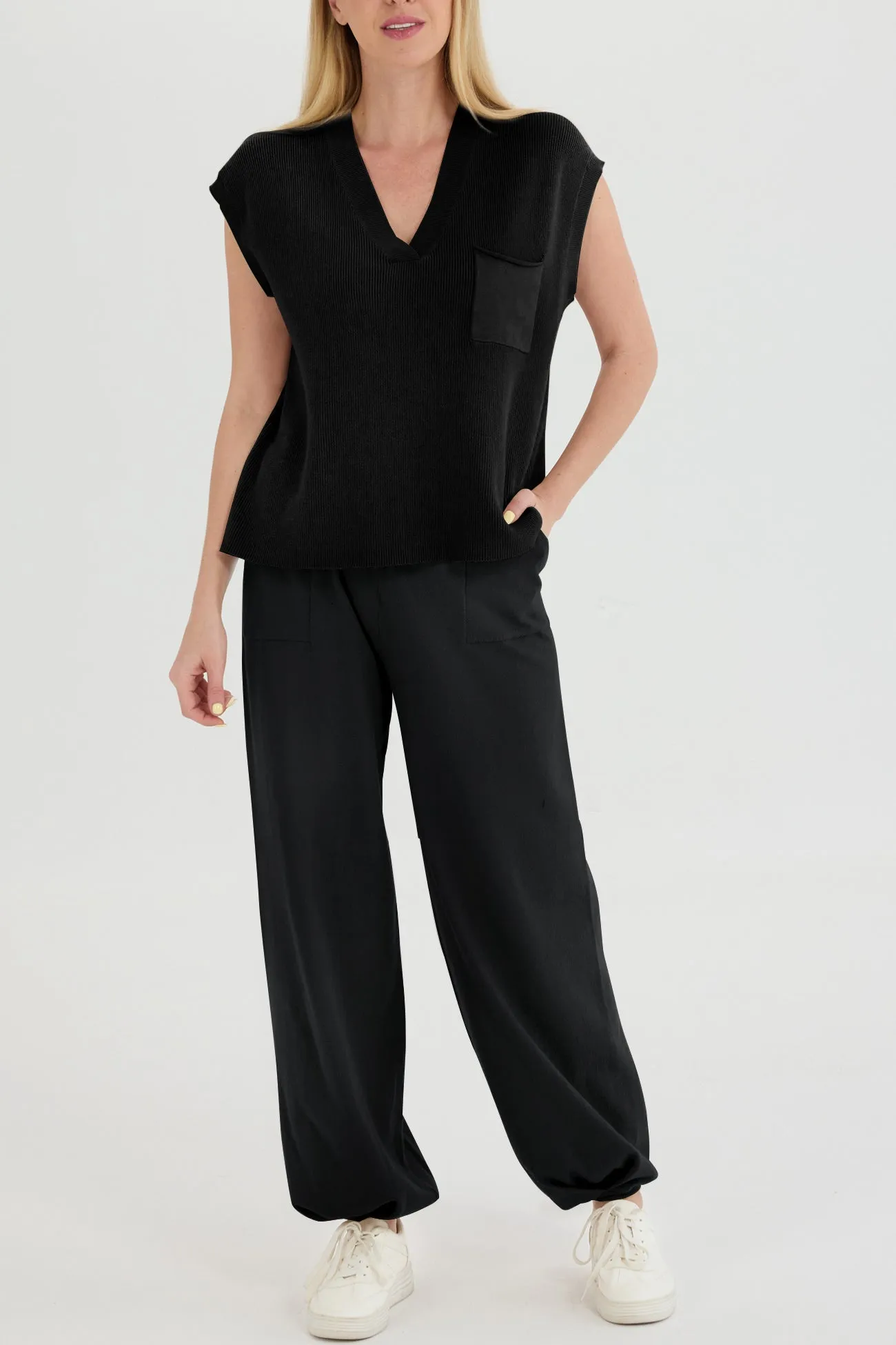 V Neck Knit Tank Top Pants Suits