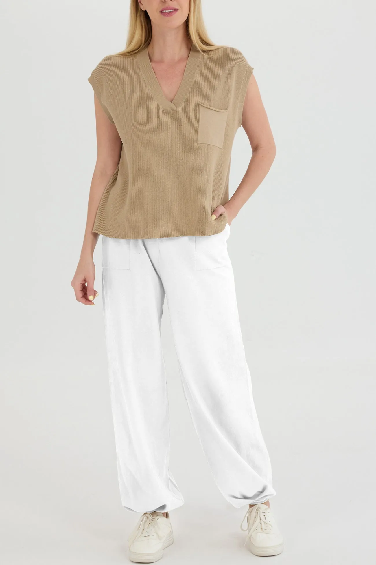 V Neck Knit Tank Top Pants Suits