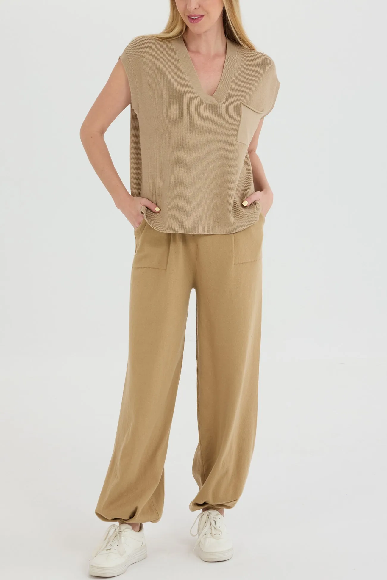 V Neck Knit Tank Top Pants Suits