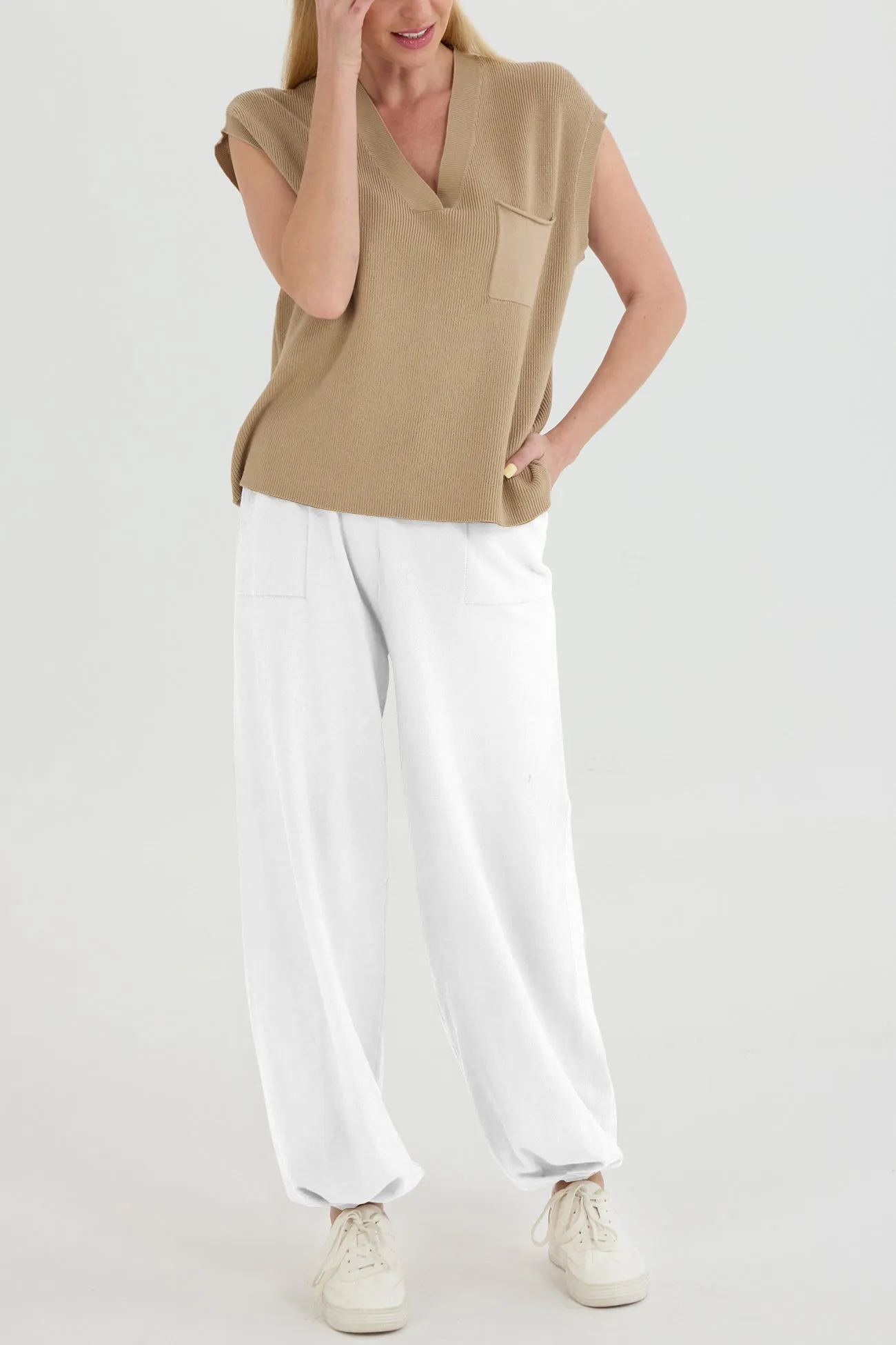 V Neck Knit Tank Top Pants Suits