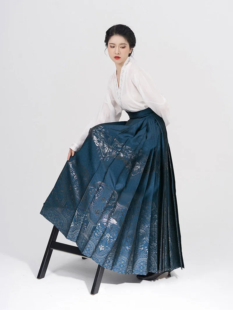 Vintage Chinese Traditional Auspicious Flower Pattern Yarn-dyed Jacquard Cloth Mamianqun Morden Hanfu Skirt