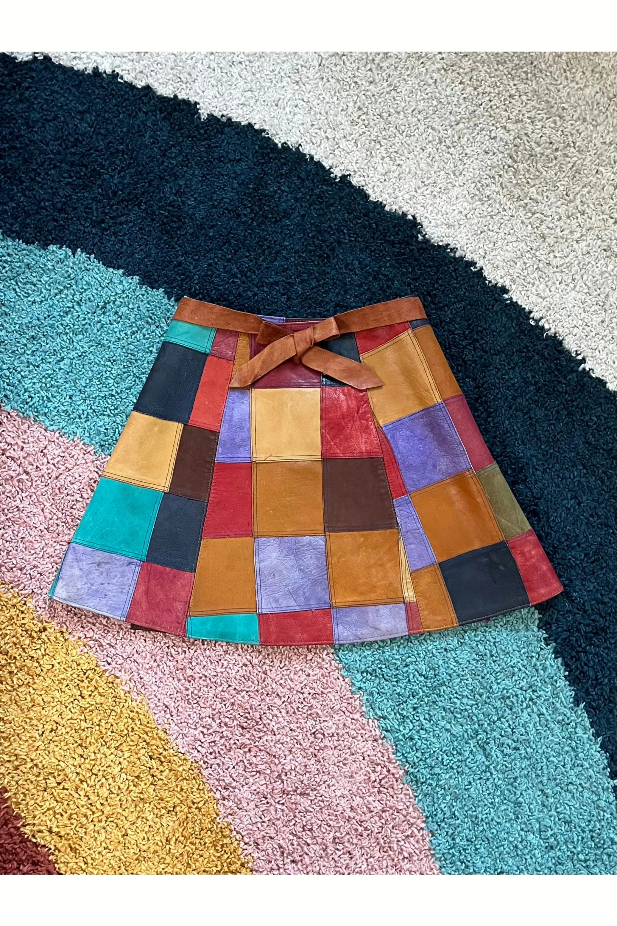 Vintage RARE 60s-70s Leather Patchwork Wrap Skirt