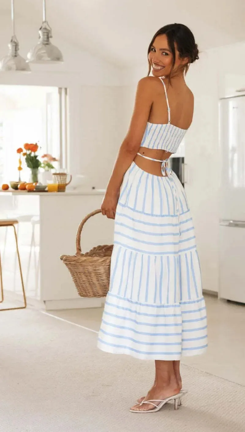 Waistless Backless Lace-up Stripe Sling Skinny Bra Midi Dress