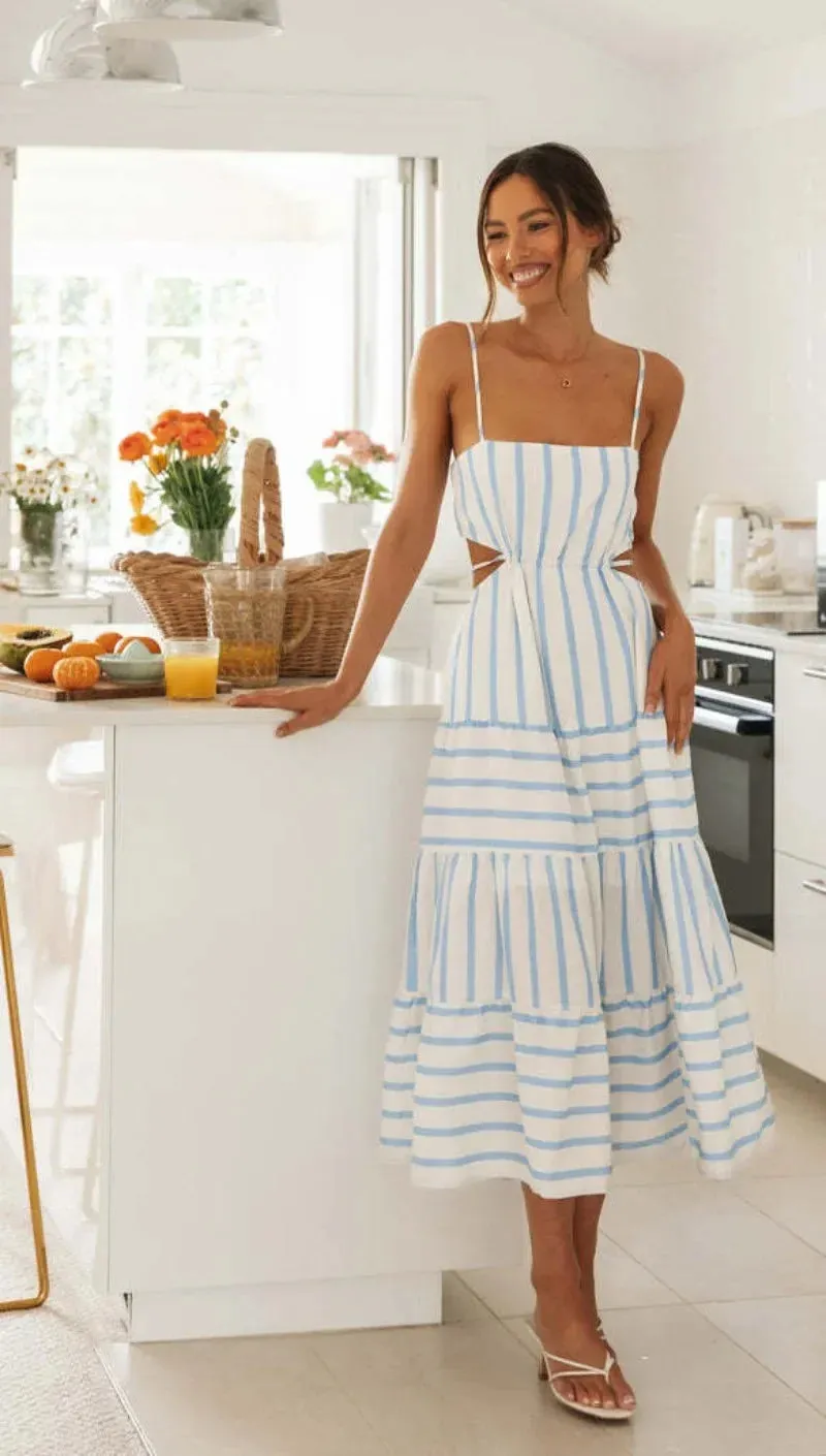 Waistless Backless Lace-up Stripe Sling Skinny Bra Midi Dress