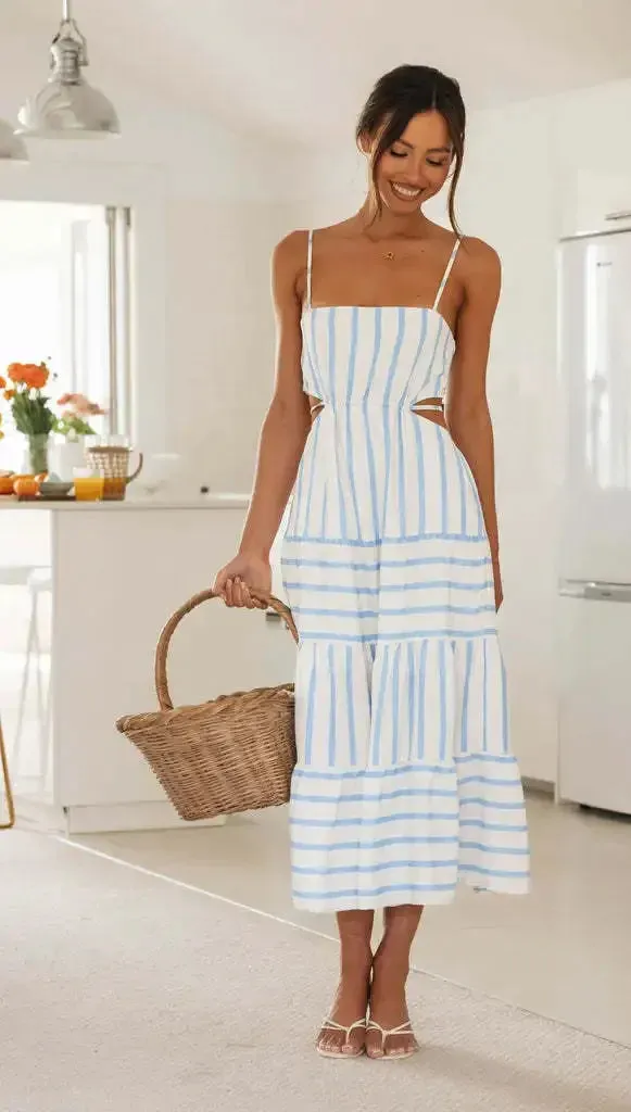 Waistless Backless Lace-up Stripe Sling Skinny Bra Midi Dress