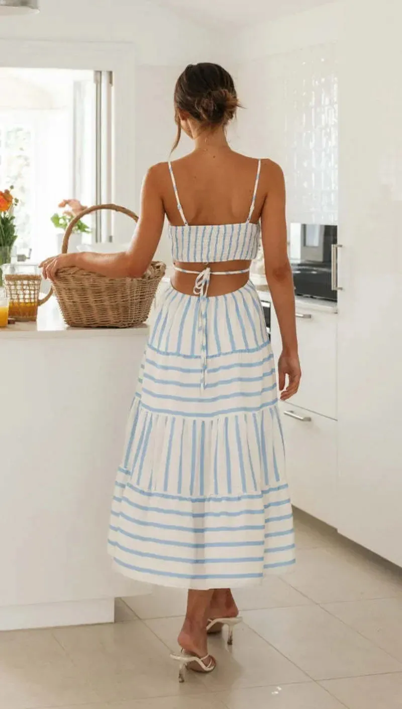 Waistless Backless Lace-up Stripe Sling Skinny Bra Midi Dress