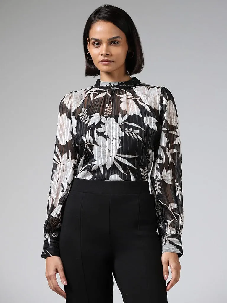 Wardrobe Black & White Floral Printed Top with Camisole