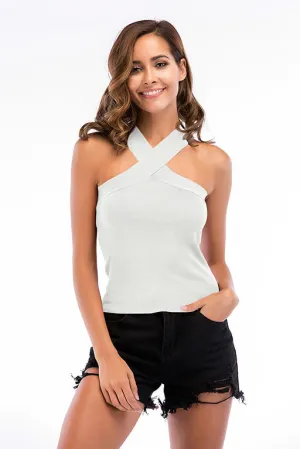 White Halter Cross Sleeveless Tank Top