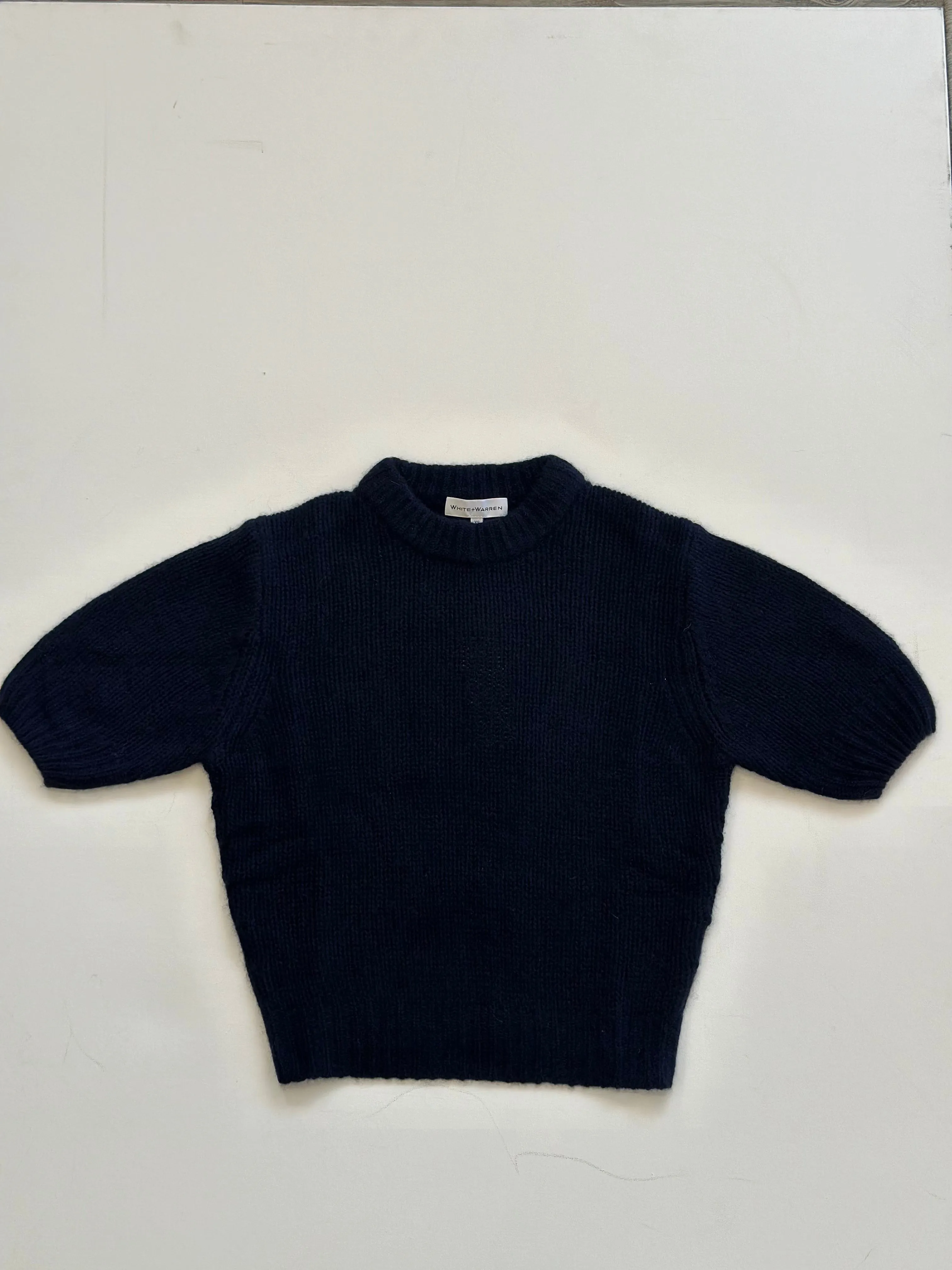 White   Warren - Cashmere Featherweight Puff Sleeve Crew in Deep Navy